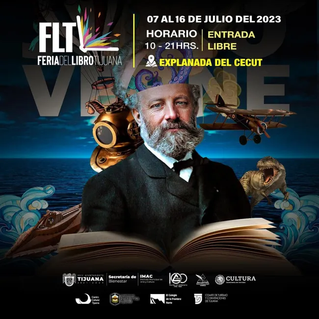 Afiche de la Feria del Libro de Tijuana, del 7 al 16 de julio de 2023, con la imagen de Julio Verne
