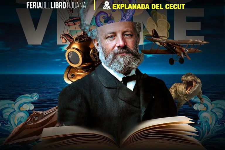Afiche de la Feria del Libro de Tijuana, del 7 al 16 de julio de 2023, con la imagen de Julio Verne