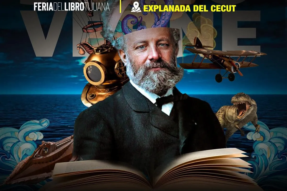 Afiche de la Feria del Libro de Tijuana, del 7 al 16 de julio de 2023, con la imagen de Julio Verne