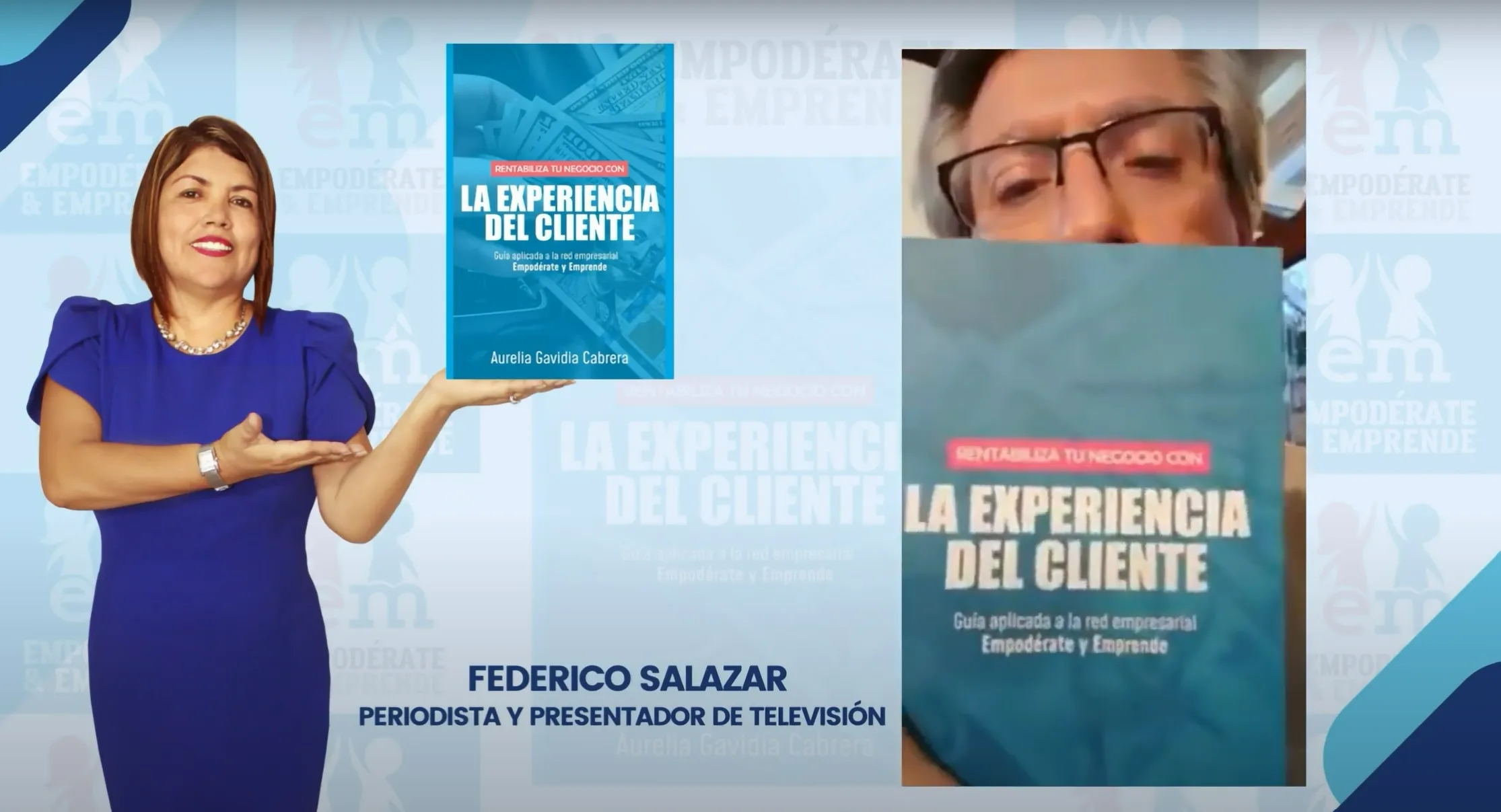 Federico Salazar, periodista y presentador de televisión, muestra el libro La Experiencia del Cliente junto a su portada