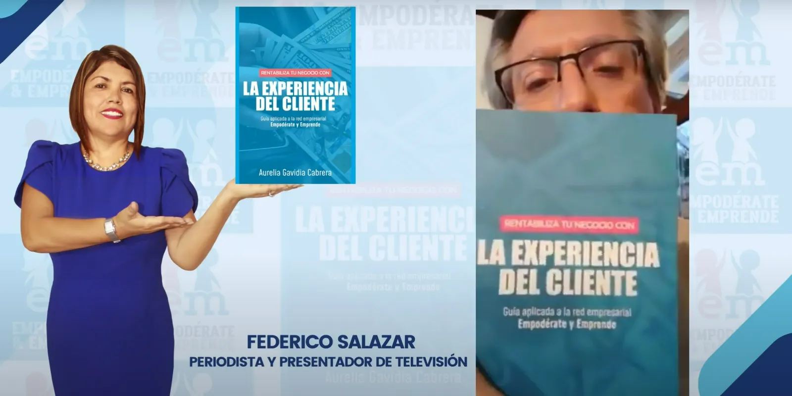 Federico Salazar, periodista y presentador de televisión, muestra el libro La Experiencia del Cliente junto a su portada
