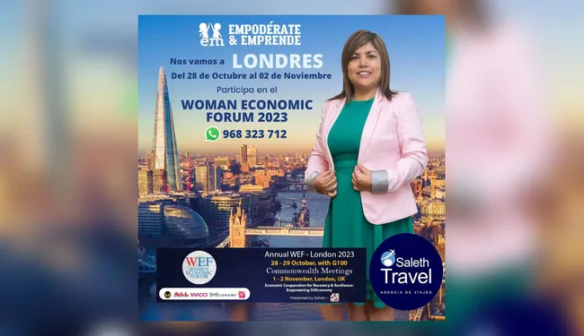 Flyer: nos vamos a Londres para participar en el Woman Economic Forum 2023, del 28 de octubre al 2 de noviembre