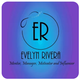 Logo de Evelyn Rivera: monograma ER sobre fondo morado y celeste