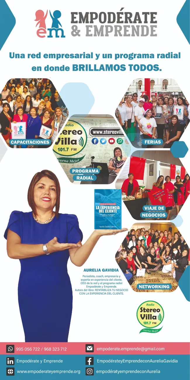 Folleto de Empodérate y Emprende: red empresarial y programa radial, con fotos de capacitaciones, ferias y networking