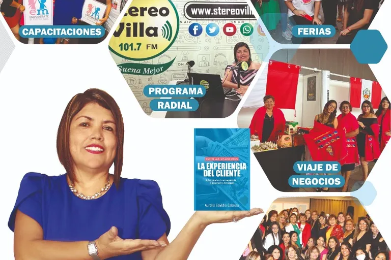 Folleto de Empodérate y Emprende: red empresarial y programa radial, con fotos de capacitaciones, ferias y networking