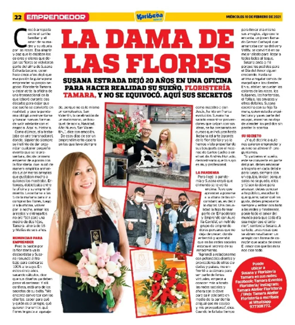 Página completa del diario La Karibeña titulada «La dama de las flores», con fotos de Susana Estrada y sus arreglos florales