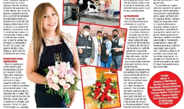 Susana Estrada con un ramo de rosas rosadas en un recorte del diario La Karibeña