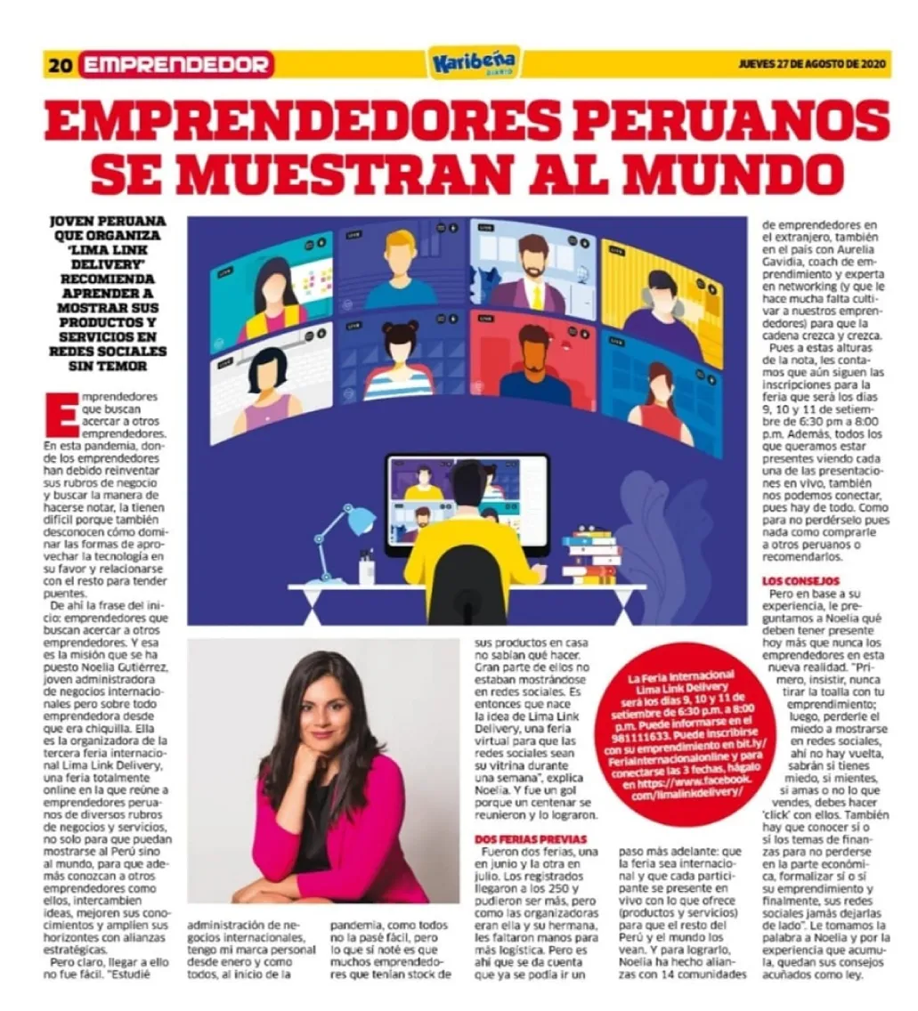 Página del diario La Karibeña con una ilustración de videollamadas y una fotografía de una emprendedora