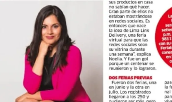 Mujer de chaqueta fucsia sonriendo, en un recorte del diario La Karibeña sobre emprendedores peruanos