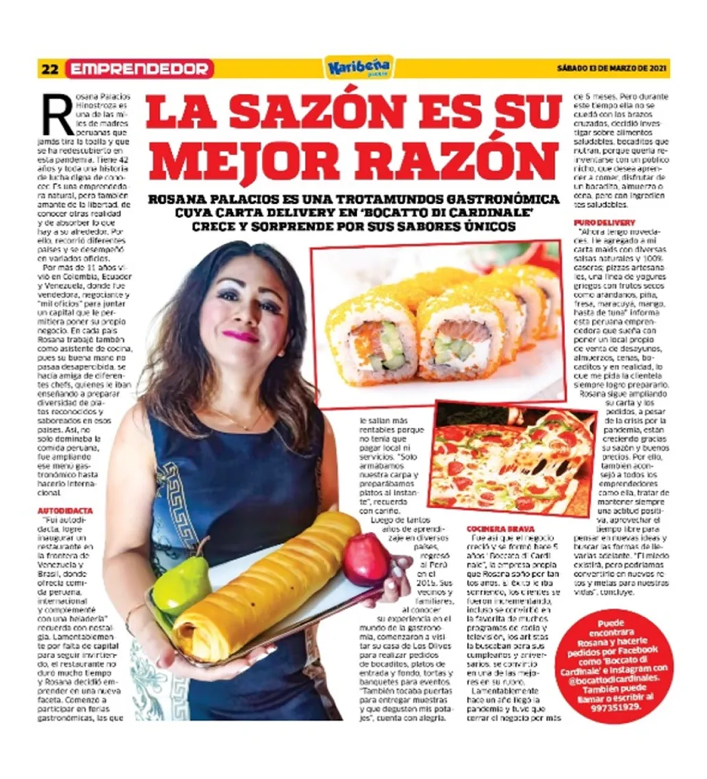 Página del diario La Karibeña titulada «La sazón es su mejor razón», con una emprendedora, sushi y pizza