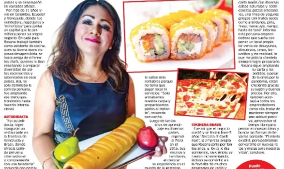 Emprendedora sonriendo junto a platos de sushi y pizza, en un recorte del diario La Karibeña